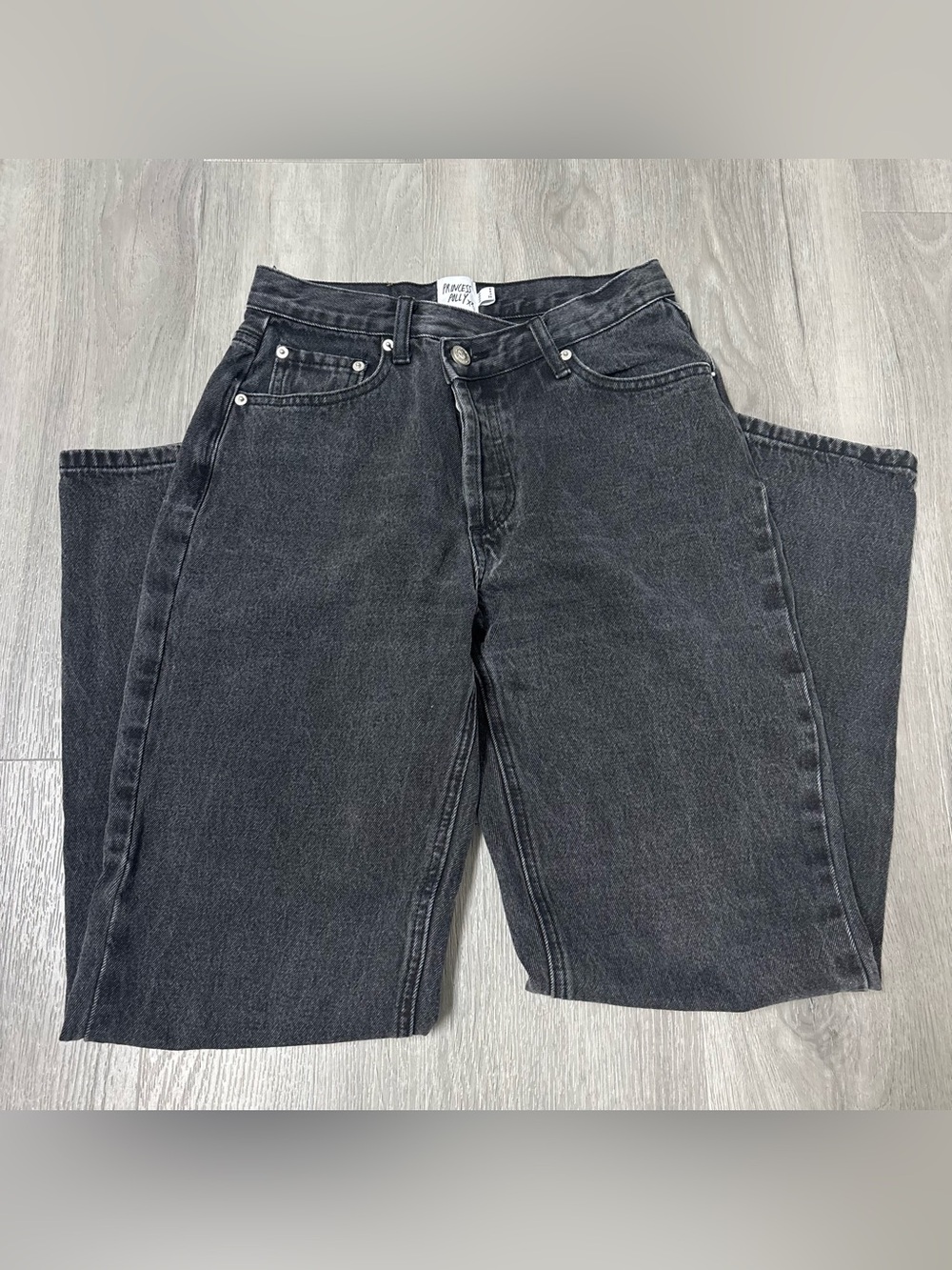 Princess Polly Asymmetrical Washed Black Straight Leg Jeans Women’s US Size 4